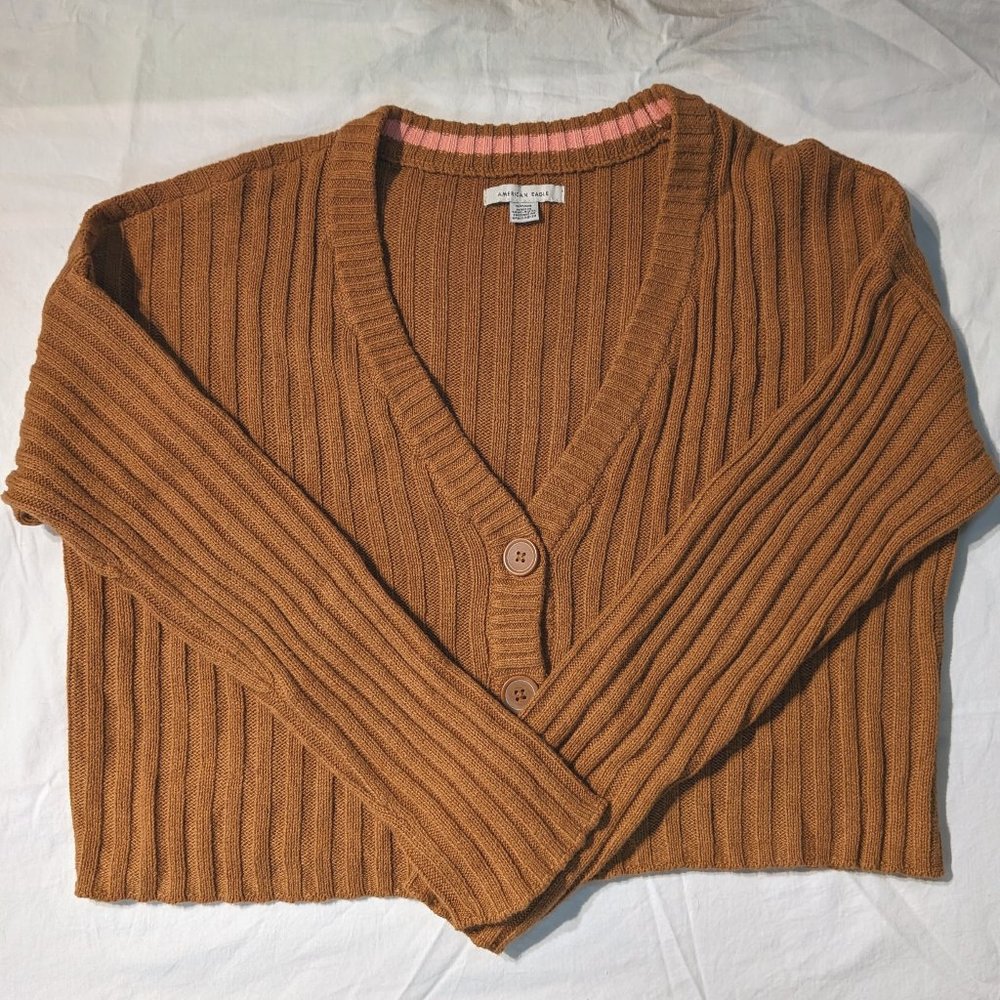 AE NWOT Caramel Boxy Cropped Boyfriend Cardigan Sz S